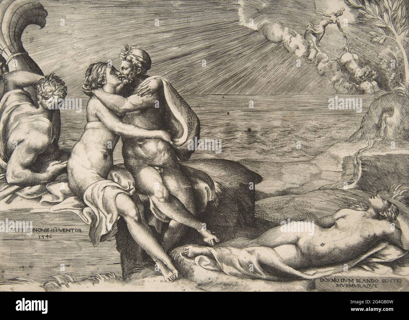 Jupiters Liebe zu Juno entfackte erneut, als sie den Gürtel der Venus, 1546, anzündete. Stockfoto
