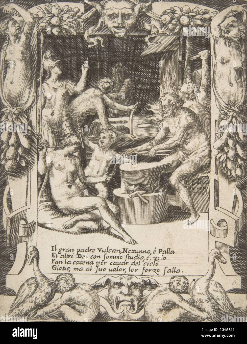 Vulcan, Neptun, Athene und andere Götter machen Fesseln, um Jupiter aus dem Himmel zu ziehen, in einem aufwendigen Rahmen, aus "liebt, tobt und Eifersucht von Juno", 1531-76. Stockfoto