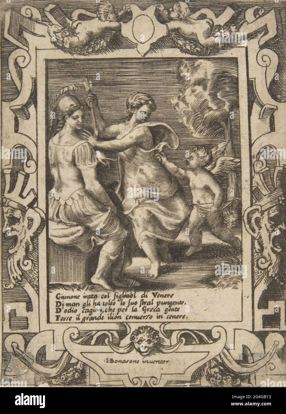 Athene saß in der Nähe von Juno, der die Pfeile des Amors weggenommen hat, in einem aufwendigen Rahmen aus den „Lieben, Tobt und Eifersucht des Juno“, 1531-76. Stockfoto