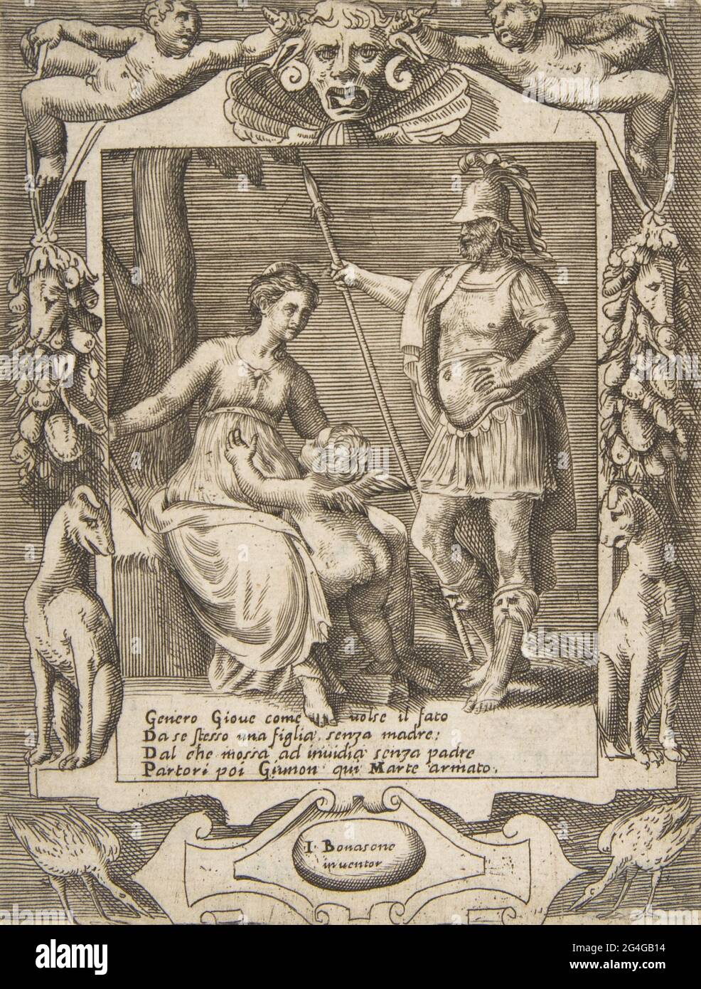 Juno, Mars und Amor, in einem aufwendigen Rahmen, aus den „Lieben, Tobt und Eifersucht von Juno“, 1531-76. Stockfoto