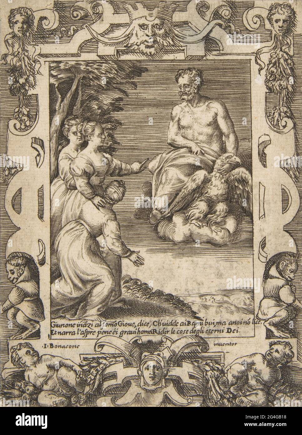 Juno auf der linken Seite bittet Jupiter, den Griechen zu helfen, in einem aufwendigen Rahmen, aus den "Lieben, wütet und eifersüchtig von Juno", 1531-76. Stockfoto