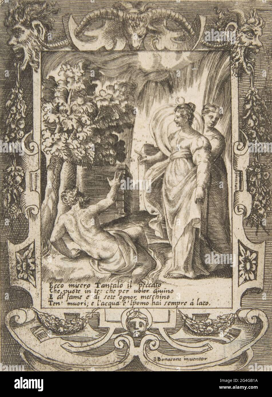 Tantalus auf der linken Seite spricht zu Diana auf der rechten Seite, in einem aufwendigen Rahmen, aus den "Lieben, Grimm und Eifersucht des Juno", 1531-76. Stockfoto