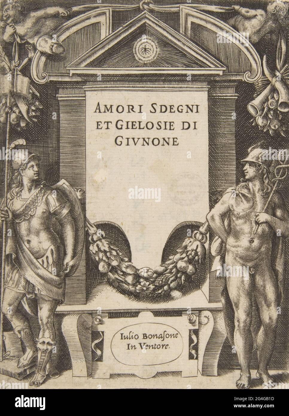 Titelschild zur Serie die 'Lieben, die wütet und die Eifersucht des Juno', 1531-76. Stockfoto