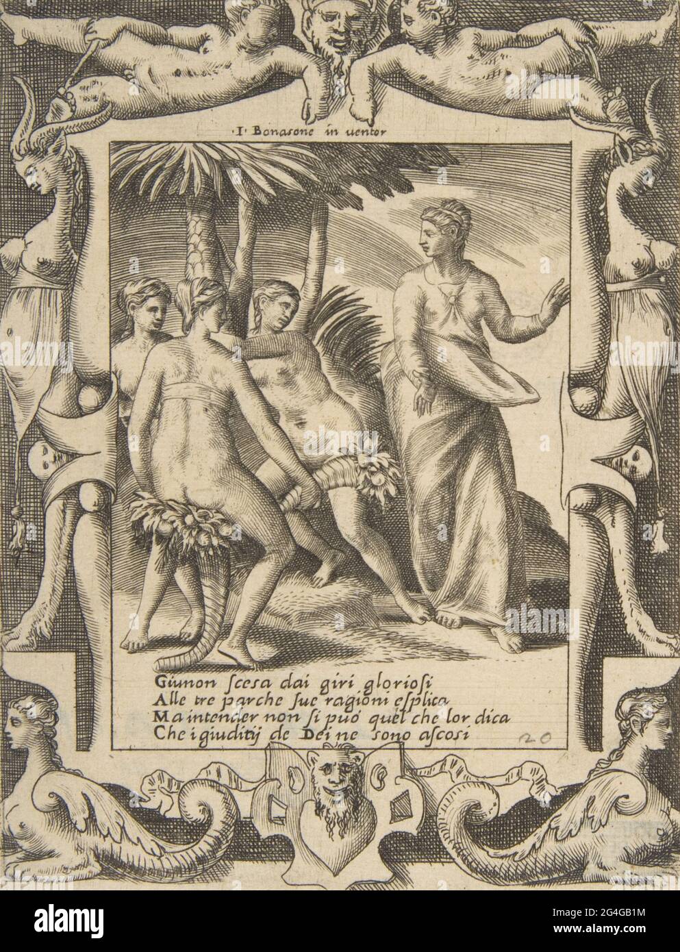 Juno auf der rechten Seite Drehen und Sprechen mit den Fates, in einem aufwendigen Rahmen, aus der "liebt, tobt und Eifersucht von Juno", 1531-76. Stockfoto