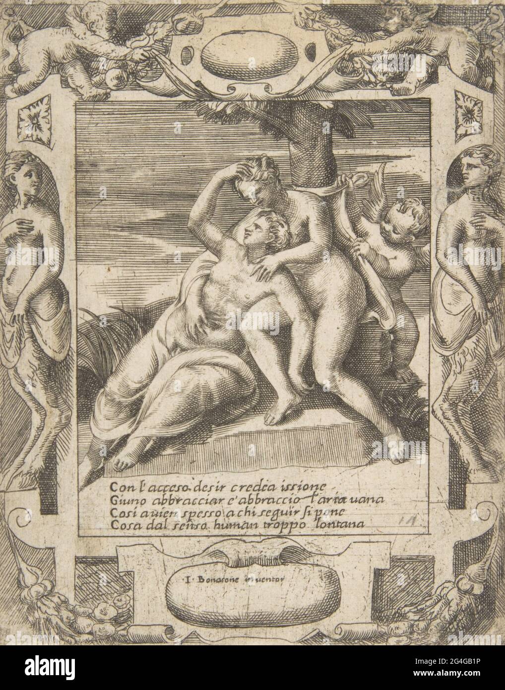 Ixion umarmt eine Wolke und denkt, es sei Juno, Amor rechts, in einem aufwendigen Rahmen, aus den "Lieben, wüten und Eifersüchteln von Juno" , 1531-76. Stockfoto