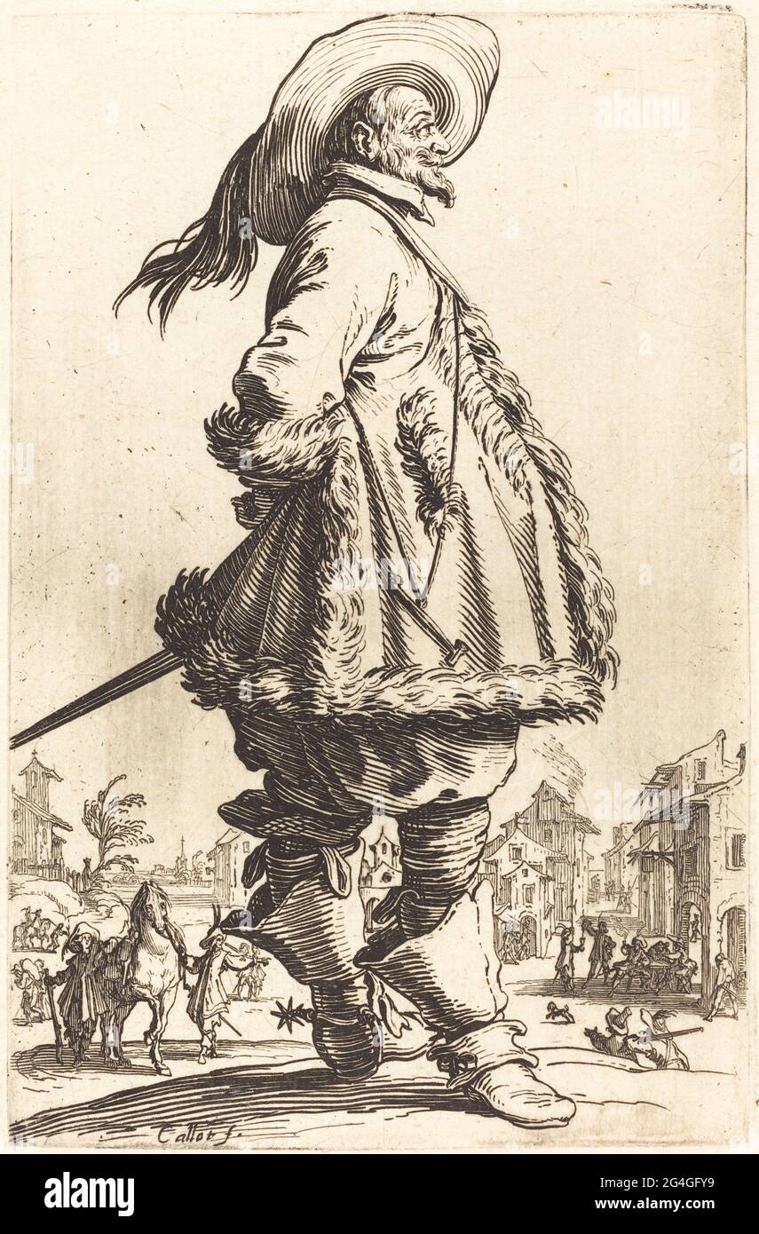 Noble man mit Mantel in Pelz getrimmt, hält seine Hände hinter seinem Rücken, c. 1620/1623. Stockfoto