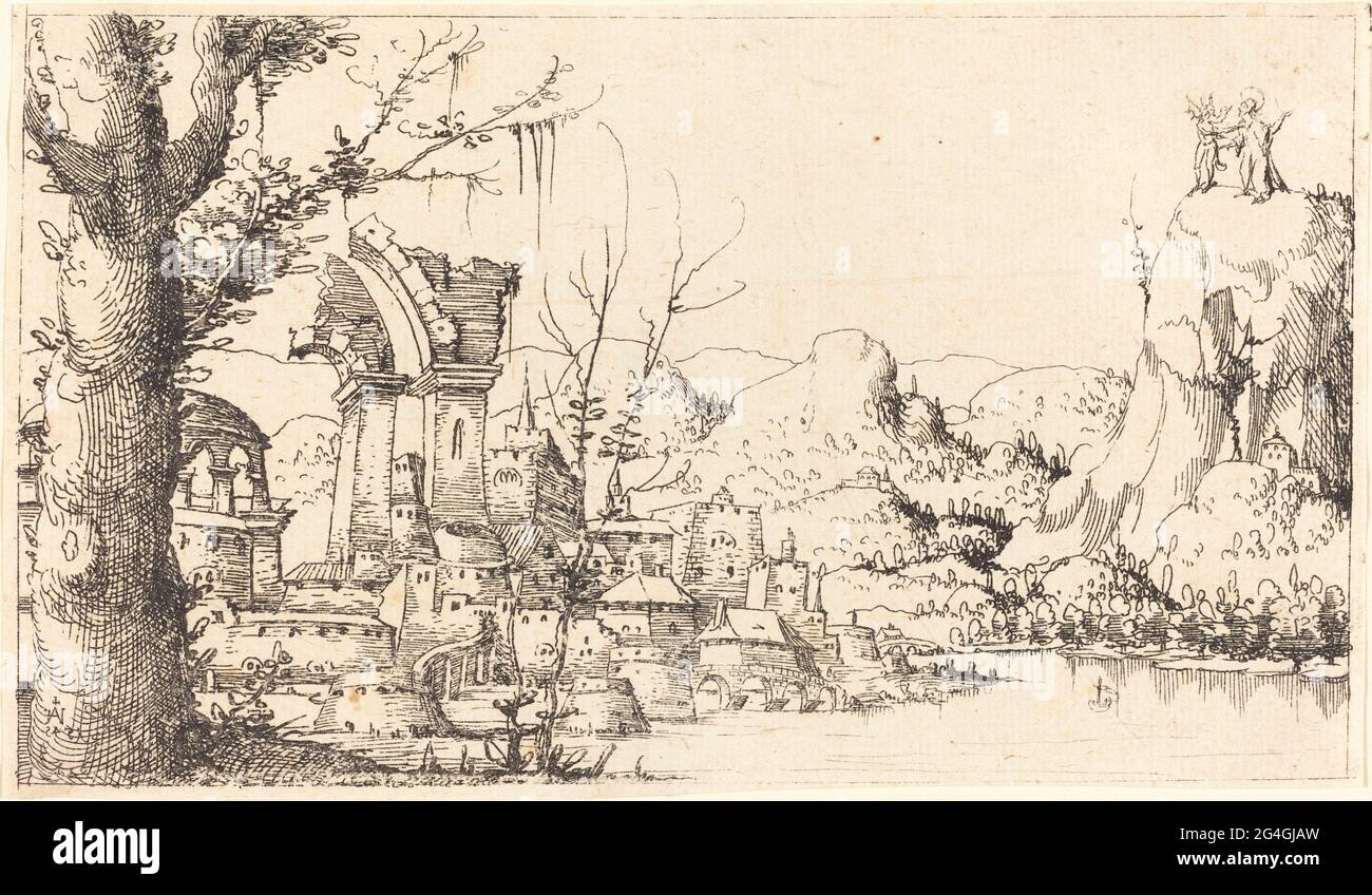 Flusslandschaft mit der Versuchung Christi, 1545. Stockfoto