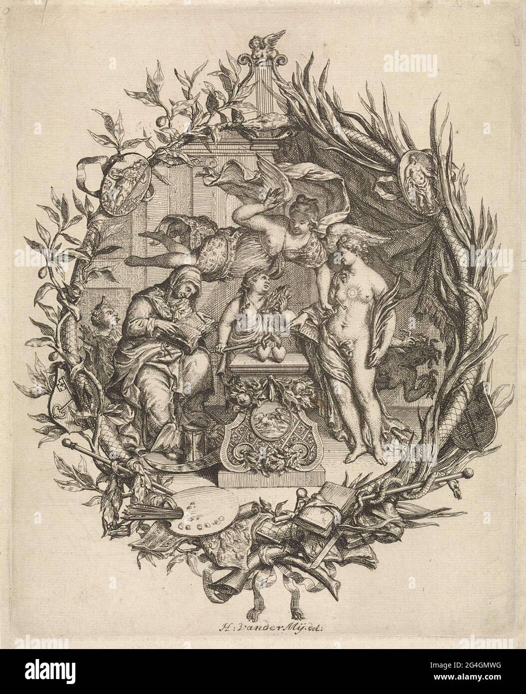 . Allegorische Darstellung in der Kunst. In der Mitte ein Altar mit zwei brennenden Herzen darauf, hinter einer Frau mit einer Fackel. Oben fliegt eine geflügelte Frau, vielleicht Ruhm, ihre Robe schmückt mit Augen und Ohren. Rechts die Wahrheit, eine Frau mit einer Sonne auf der Brust und einem Palmenzweig in der Hand. Nach ihr zieht Neid die Schläuche vom Kopf. Links die Geschichte, eine alte Frau, die in einem Buch las, ihren Fuß auf einer geflügelten Sanduhr. Hinter ihr ein Narr. Die Show wurde in einer eleganten Liste gefangen, die aus einem Schlauch und verschiedenen Attributen bestand, darunter Malpalette, Malstock, Noten, Musikinstrumente Stockfoto