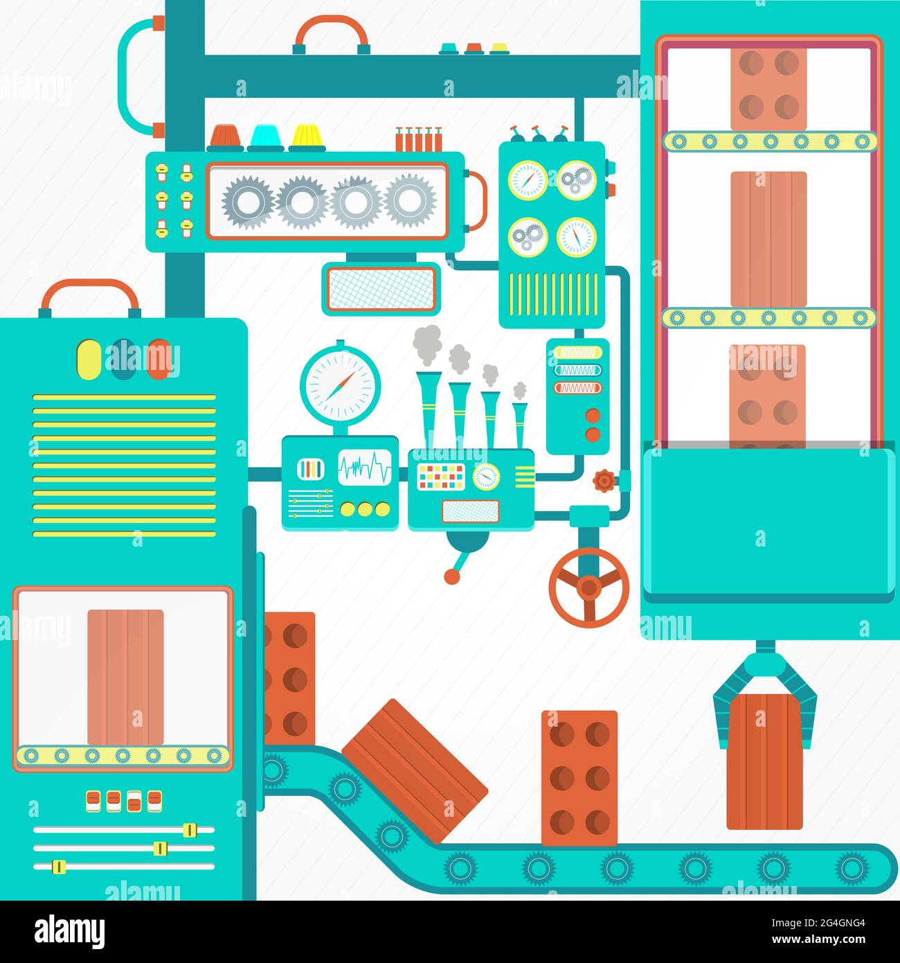 Ziegelindustrie mit Maschinen und Greifern, die Ziegel halten. Stock Vektor
