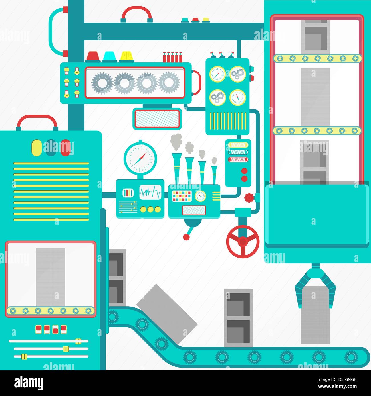 Betonblockindustrie mit Maschinen und Greiferhalteblöcken. Stock Vektor