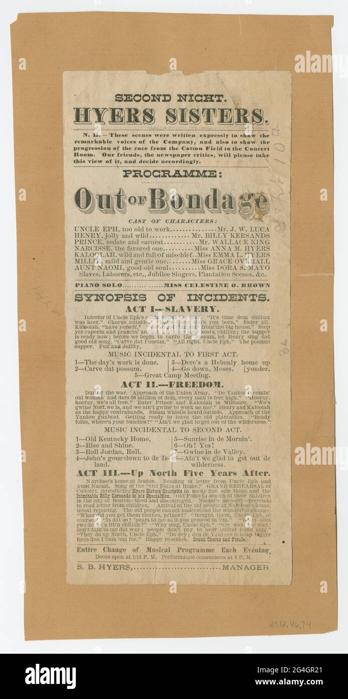 Eine Broadside-Werbung für das Musikdrama "Out of Bondage", das erste Stück über Sklaverei mit einer afroamerikanischen Besetzung. Es enthält die Besetzung und eine Zusammenfassung der drei Acts, aus denen das Stück besteht. Die Breitseite ist leicht abgenutzt und an einem Stück Papier befestigt. Es gibt eine Inschrift auf der Vorderseite der Breitseite, die lautet: [Sept. 10.]. Stockfoto