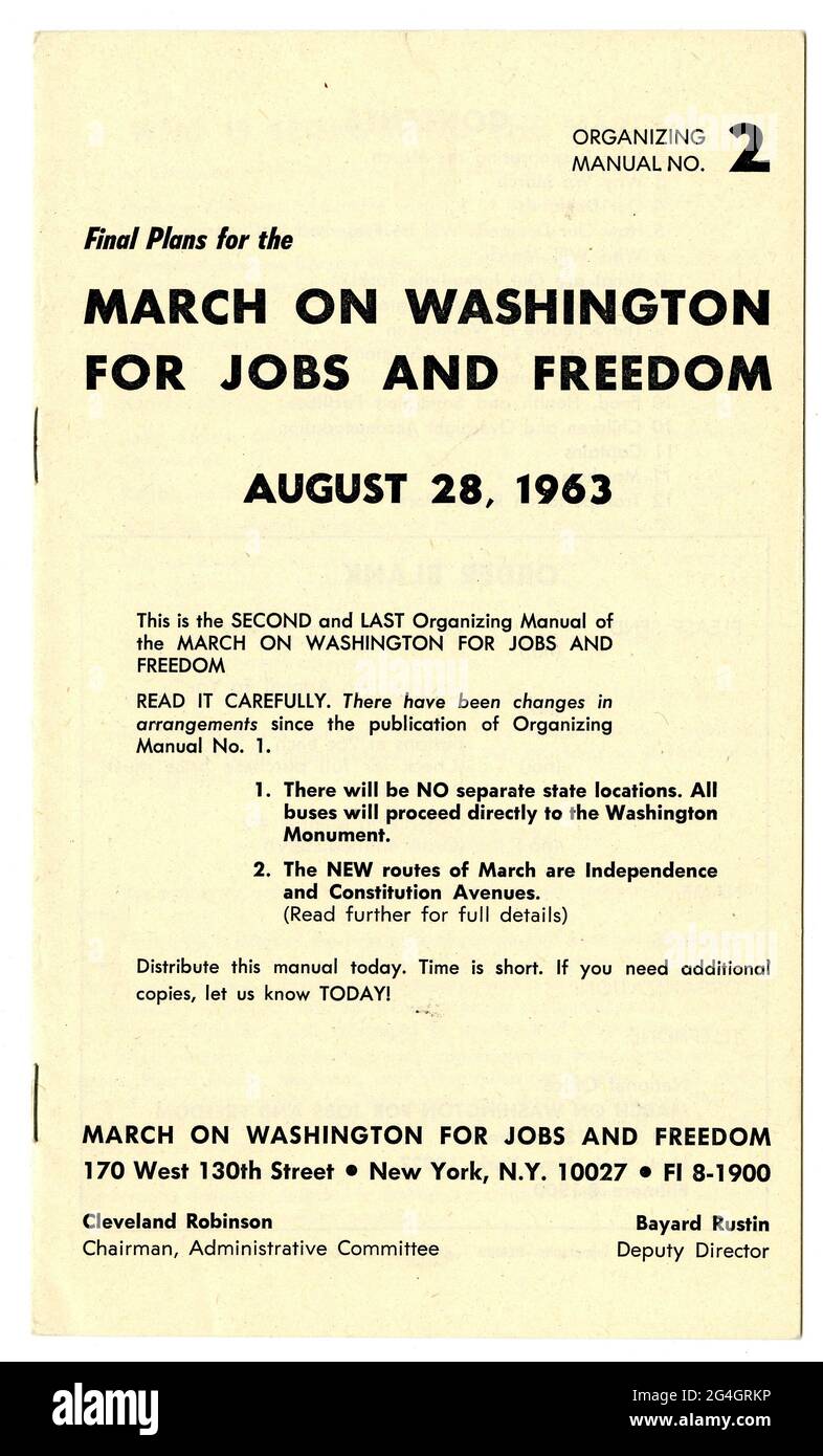 Der 1963. März gegen Washington für Arbeitsplätze und Freiheit hatte zum Ziel, sich für die bürgerlichen und wirtschaftlichen Rechte der Afroamerikaner einzusetzen. Eine Broschüre, schwarzer Druck auf vergilbtem Papier. Der Text lautet: [Endgültige Pläne für den MARSCH NACH WASHINGTON FÜR ARBEITSPLÄTZE UND FREIHEIT]. Stockfoto