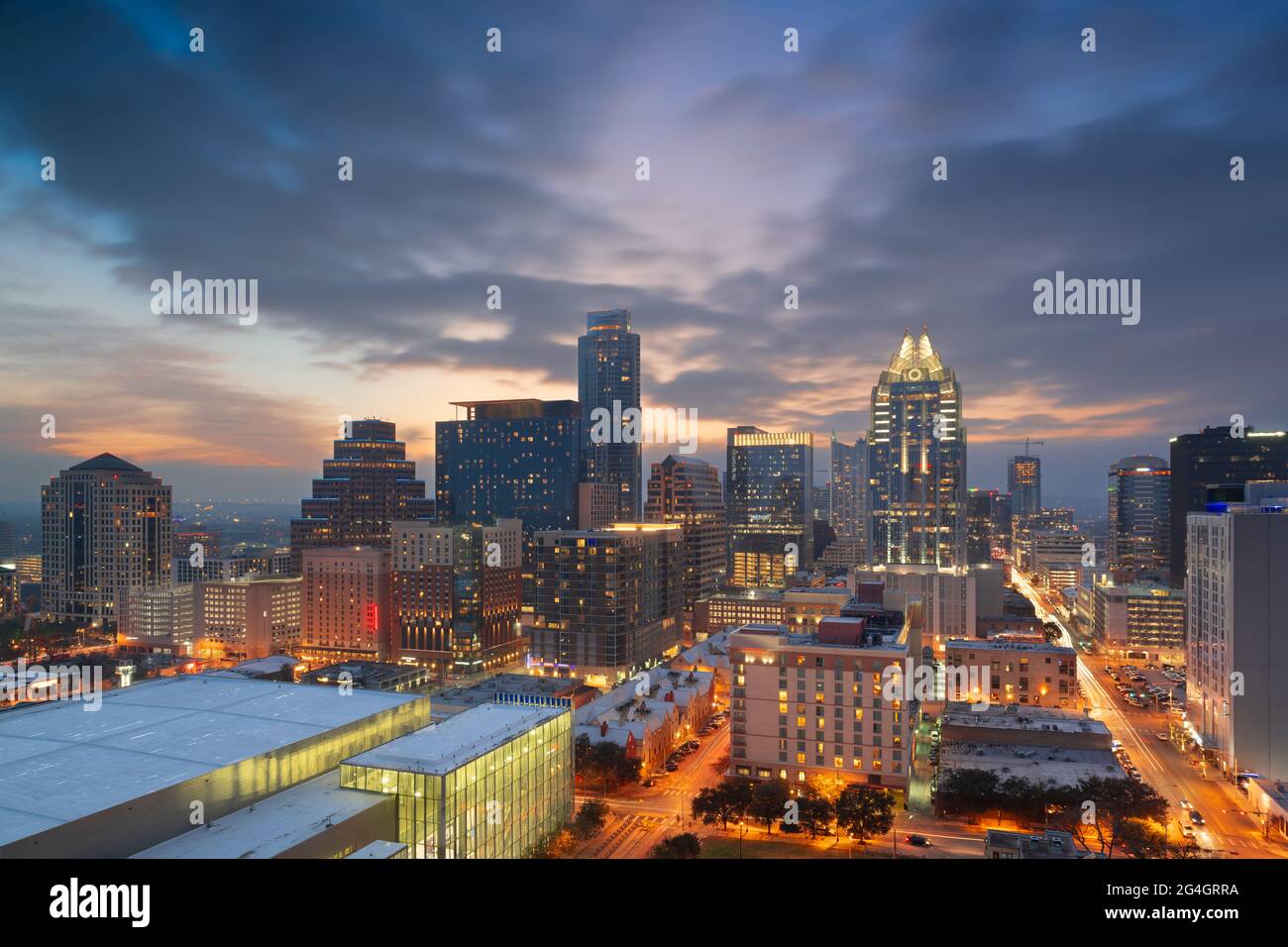 Austin, Texas, USA downtown Stadtbild in der Abenddämmerung. Stockfoto