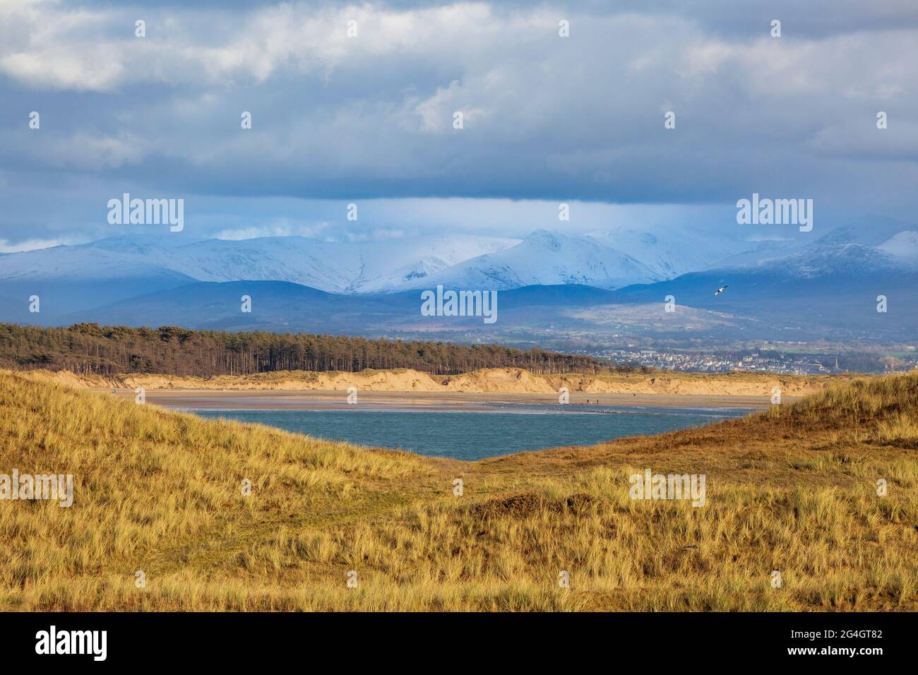 Newborough Beach und Sanddünen von Llanddwyn Island mit den schneebedeckten Bergen von Snowdonia im Hintergrund, Anglesey, Nordwales Stockfoto