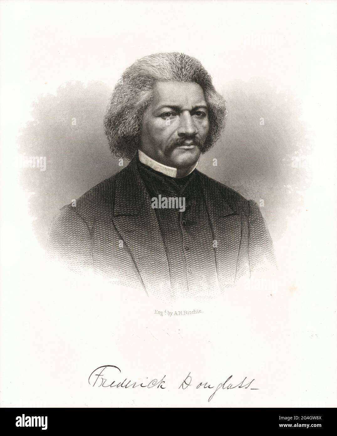 Lithographie-Porträt des afroamerikanischen Diplomaten, Abolitionisten und Schriftstellers Frederick Douglass (1817-1895), der im Alter von 21 Jahren aus der Sklaverei in Maryland entfloh. Er wurde ein nationaler Führer der abolitionistischen Bewegung. Berühmt für seine oratorischen und prägnanten Schriften zur Sklaverei wurde er von Abolitionisten als lebendiges Gegenbeispiel zu den Argumenten der Sklavenhalter beschrieben, wonach Sklaven die intellektuelle Fähigkeit vermissen, als unabhängige amerikanische Bürger zu fungieren. Douglass trägt einen dunklen Anzug und eine Jacke mit einem weißen, hohen Kragen unter dem Hemd. Er hat einen Schnurrbart. Die Eingabe unter dem Porträt lautet   Stockfoto
