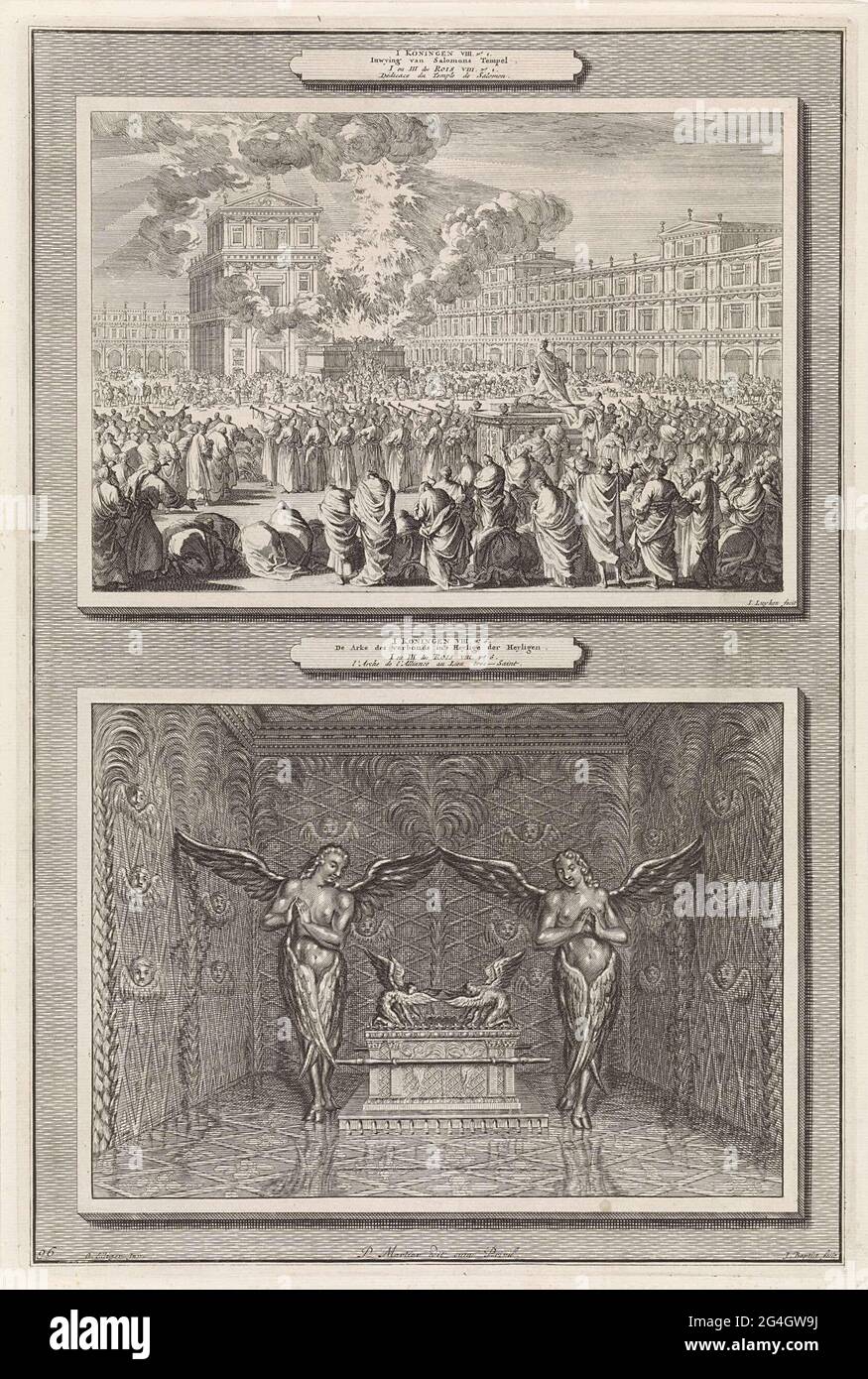 Zwei Aufführungen auf einem Teller. Oben: Auf dem Platz für den Tempel  Salomos wird der Tempel mit Festlichkeiten eingeweiht. König Salomo kniet  auf einer erhabenen. Im Hintergrund der Tempel und ein