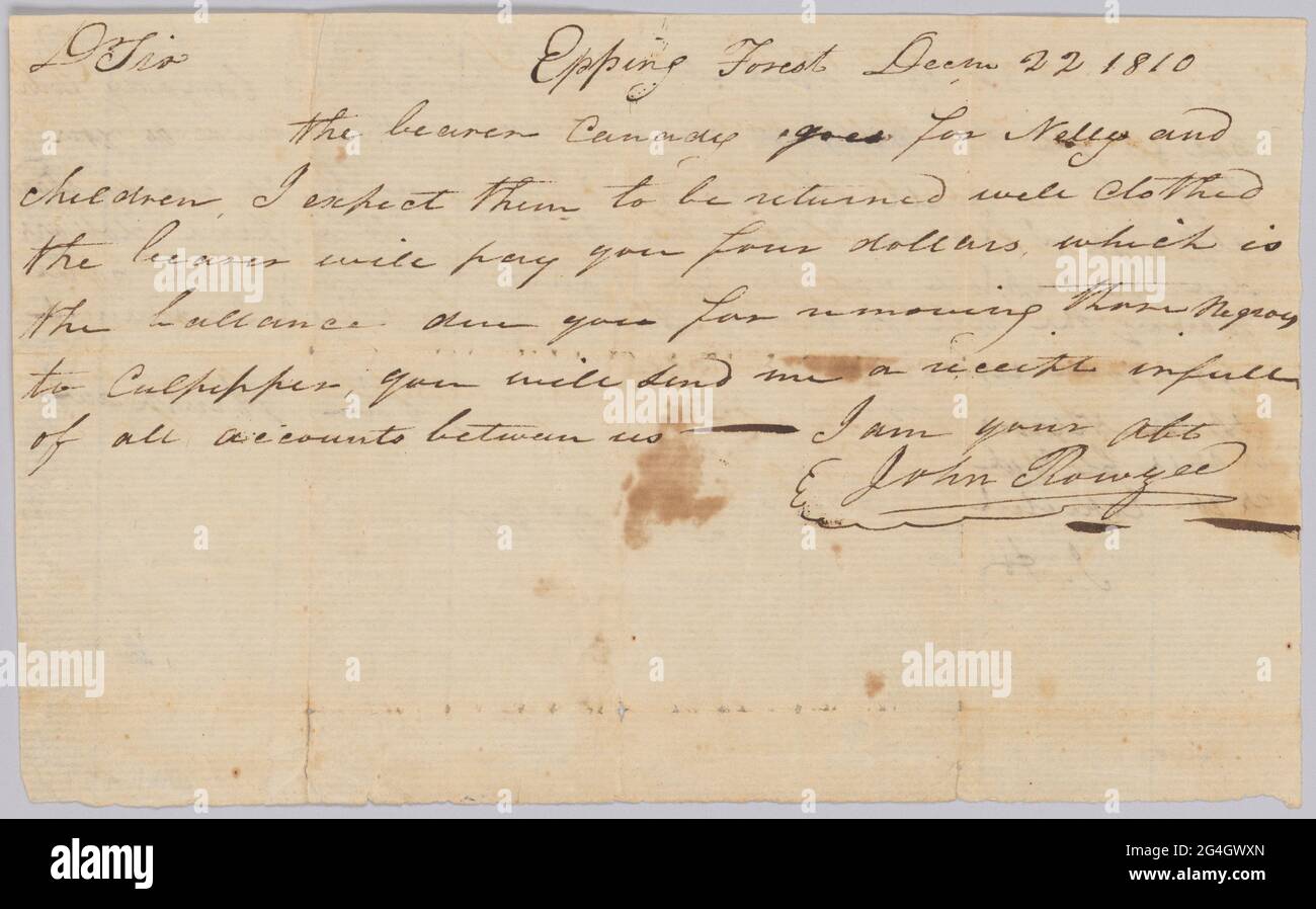 Dieses Dokument stammt aus einer Sammlung von Finanzpapieren, die mit den Plantagenbetrieben mehrerer Generationen der Familie Rouzee in Essex County, Virginia, in Verbindung stehen. Die Arbeiten stammen aus den 1790er Jahren bis 1860. Dieses Dokument ist eine Vereinbarung zwischen John Rouzee und John Hirshaw über die Anstellung der versklavten Frau Nelly und ihrer Kinder. Eine Seite enthält Rouzees Brief an Hirshaw, in dem er darum bittet, sie gut bekleidet zurückzugeben und besagt, dass Hirshaw vier (4) Dollar erhalten wird, was dem Betrag entspricht, den er für die Verlegung der versklavten Personen nach Culpeper schuldet. Rouzees Botschaft datiert vom 22. Dezember 18 Stockfoto