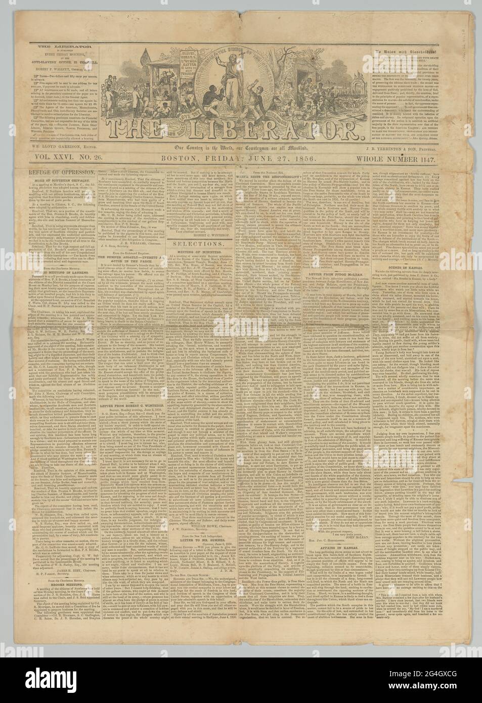 Eine Kopie der abolitionistischen Zeitung The Liberator, Vol. XXVI, Nr. 26 vom 27. Juni 1856. Das Papier wird auf einem einzelnen, zweigefalteten Blatt Papier gedruckt, wobei auf der Vorder- und Rückseite der vier (4) Seiten Text gedruckt wird. Stockfoto