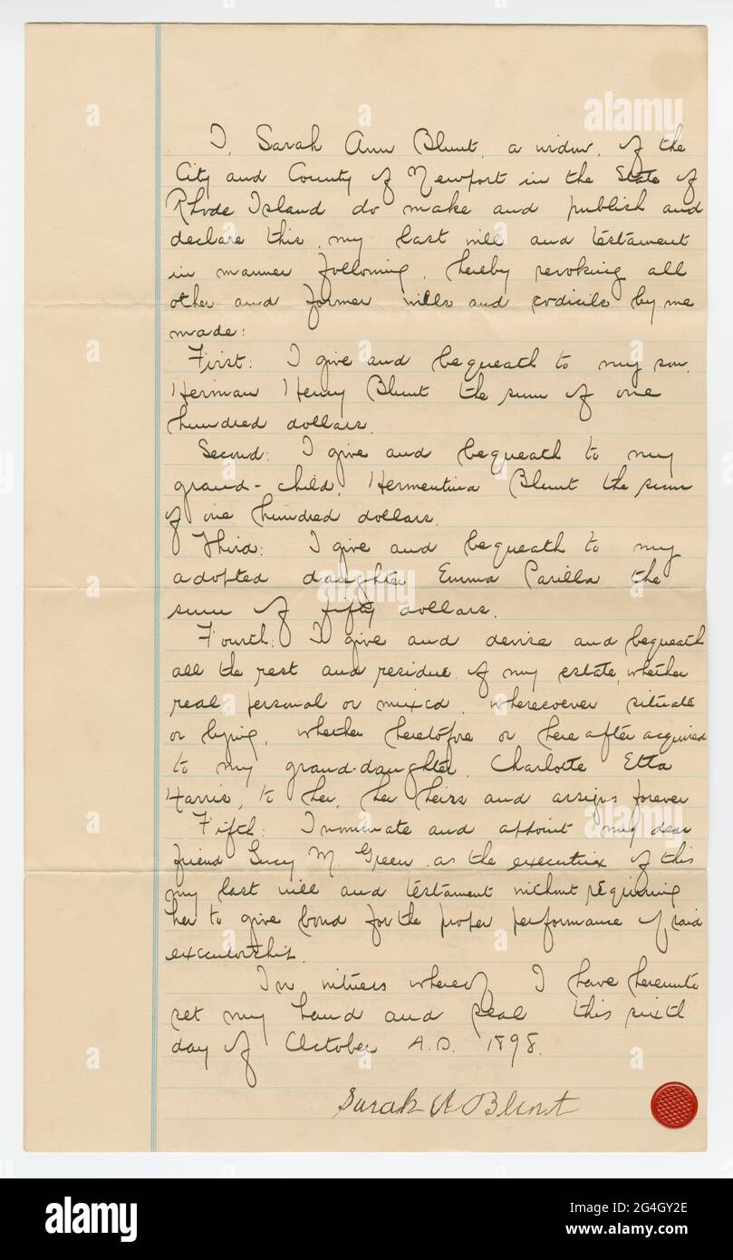 Das Dokument ist in schwarzer Tinte auf legalem Papier mit blauen Richtlinien handgeschrieben. Auf der Vorderseite des Dokuments befindet sich eine offizielle Erklärung von Sarah Ann Blount Crozley. Auf der Rückseite befindet sich eine offizielle Erklärung der Zeugen Frank L. Mace (unleserlich) und Sarah Brown. Stockfoto