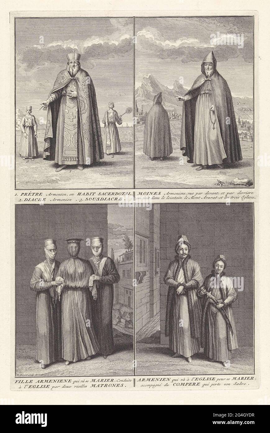 . Blatt mit vier Aufführungen armenischer Geistlicher und Verwendung vor einer armenischen Ehe. Oben links: Ein Priester der armenischen apostolischen Kirche. Hinter ihm sind links ein Subdeam und rechts ein Diakon. Oben rechts: Zwei armenische Mönche in einer Landschaft mit dem Berg Ararat im Hintergrund. Unten links: Eine armenisch verschleierte Braut wird von zwei Aufsehern in die Kirche gebracht. Unten rechts: Ein armenischer Bräutigam auf dem Weg zur Kirche, um zu heiraten. Neben ihm sind Gefährten, die sein Säbel trägt. Stockfoto . Blatt mit vier Aufführungen armenischer Geistlicher und Verwendung vor einer armenischen Ehe. Oben links: Ein Priester der armenischen apostolischen Kirche. Hinter ihm sind links ein Subdeam und rechts ein Diakon. Oben rechts: Zwei armenische Mönche in einer Landschaft mit dem Berg Ararat im Hintergrund. Unten links: Eine armenisch verschleierte Braut wird von zwei Aufsehern in die Kirche gebracht. Unten rechts: Ein armenischer Bräutigam auf dem Weg zur Kirche, um zu heiraten. Neben ihm sind Gefährten, die sein Säbel trägt. Stockfoto
