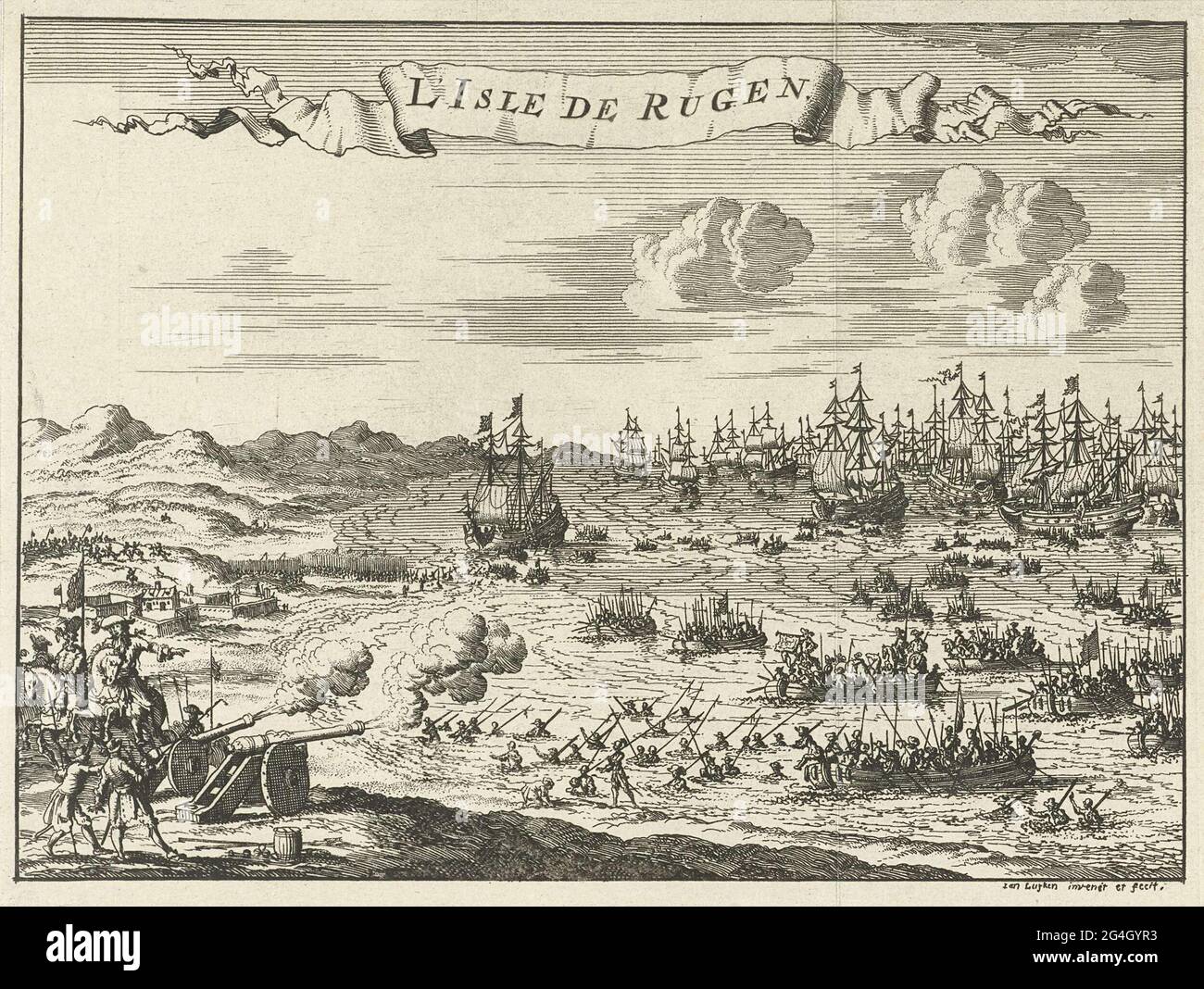 . Ein brandenburgisch-preußischer und ein dänisches Heer erobern die Insel Rügen, 23. September 1678 bei der Invasion. Stockfoto