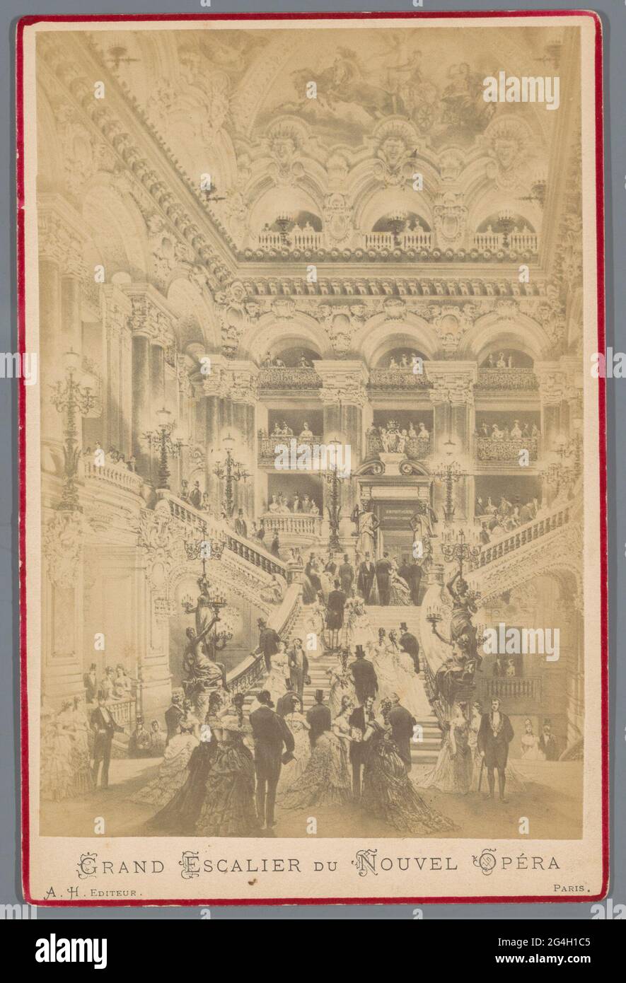 Fotoproduktion einer Zeichnung, die die Treppe in der Opéra Garnier in Paris darstellt; große Treppe der neuen Oper. . Stockfoto