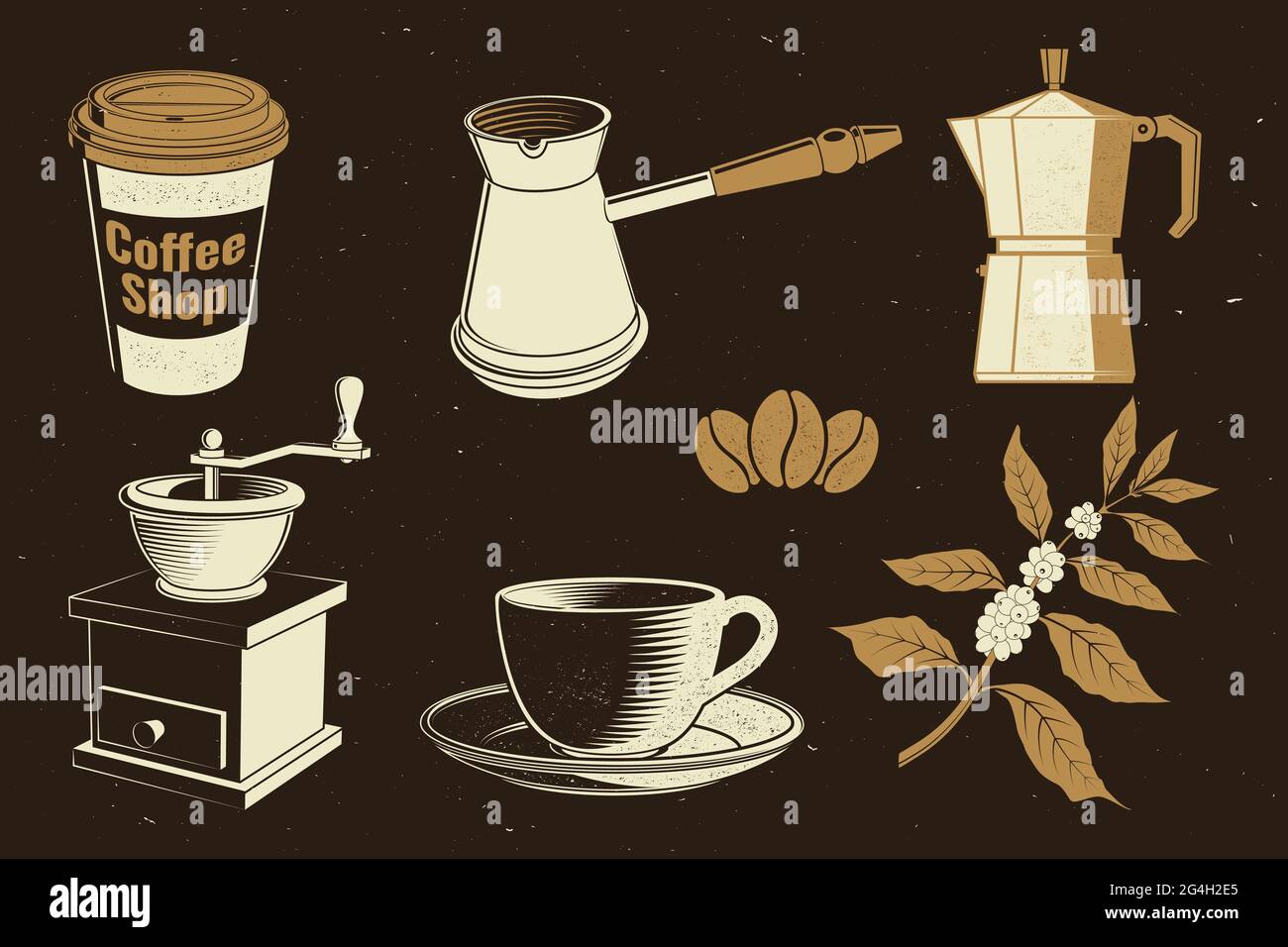 Vintage-Kaffeeausrüstung. Vektor. Set enthalten Papier Kaffeetasse, Mühle, Bohnen, Tasse und Zweig der Kaffeebaum Silhouette. Symbol für Menü für Restaurant Stock Vektor