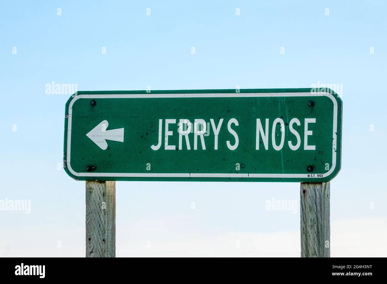Ein Schild zu Jerrys Nose auf der Port au Port Peninsula in Neufundland, Kanada. Stockfoto
