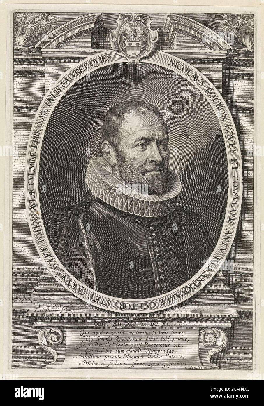 . Porträt von Nicolaas Rockox Jr., Bürgermeister von Antwerpen, gekrönt mit seinem Wappen. Im Rahmen der Piewasher eine sechs-Zeilen vorhergesagt Position in Latein. Stockfoto