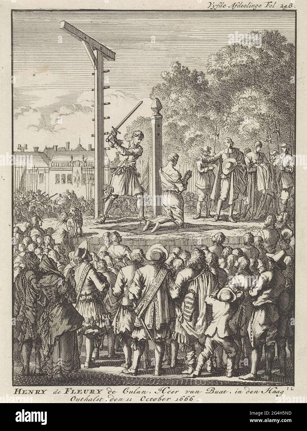 . Enthauptung von Henri de Fleury de Coulan Buat für eine Tochtergesellschaft in Den Haag, 11. Oktober 1666. Die verurteilte Person kniet mit verbundenen Augen auf eine Zunahme umgeben von Zuschauern. Unten beschriftet: Vyfde Division fol: 248. Stockfoto