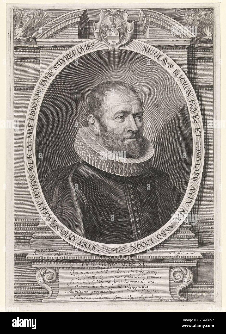 . Porträt von Nicolaas Rockox Jr., Bürgermeister von Antwerpen, gekrönt mit seinem Wappen. Im Rahmen der Piewasher eine sechs-Zeilen vorhergesagt Position in Latein. Stockfoto