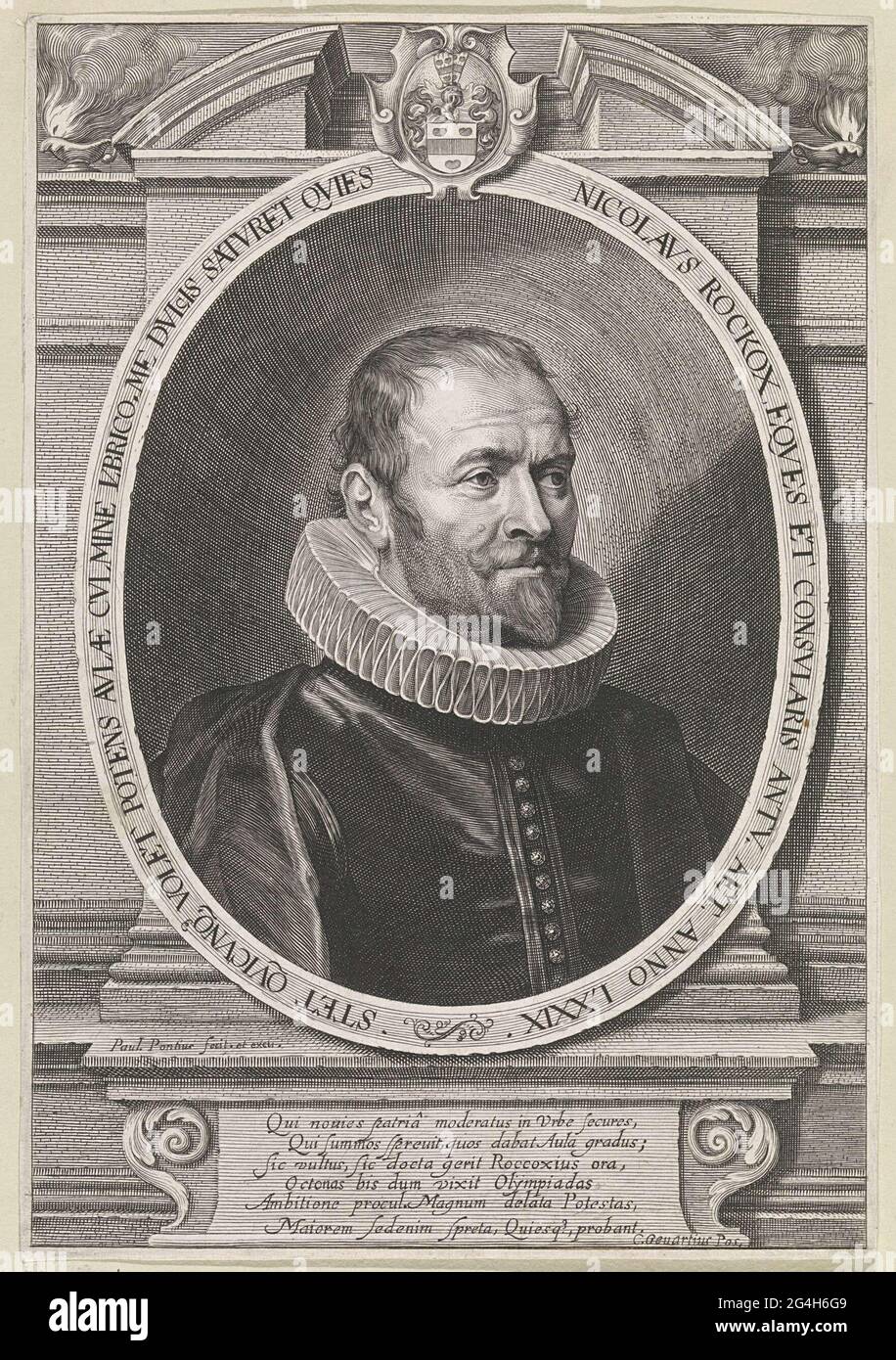 . Porträt von Nicolaas Rockox Jr., Bürgermeister von Antwerpen, gekrönt mit seinem Wappen. Im Rahmen der Piewasher eine sechs-Zeilen vorhergesagt Position in Latein. Stockfoto