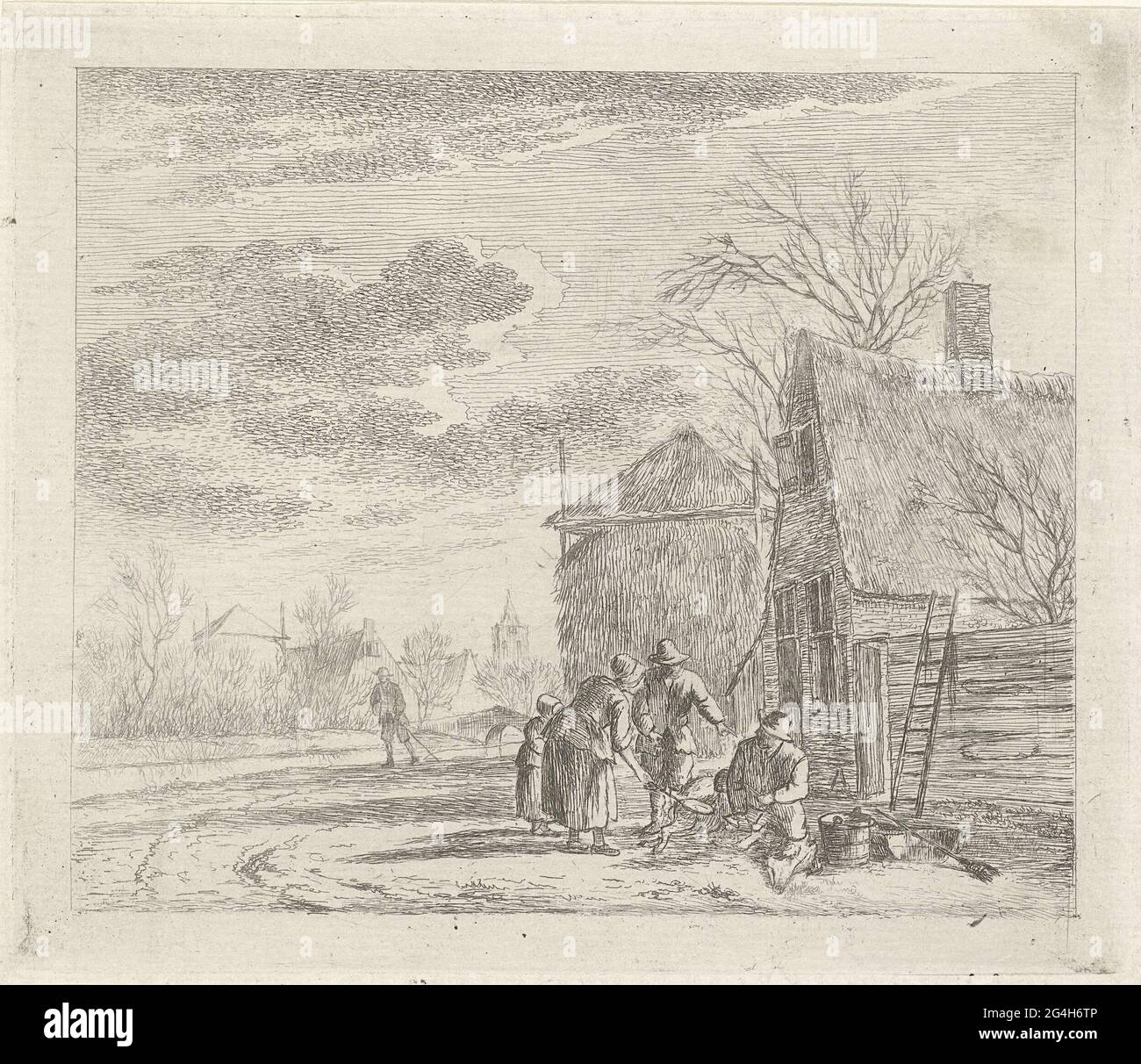 . Landschaft mit einem reichen Bauernhof und einem Heumist. Für den Hof eine Gruppe von zwei Frauen und zwei Männern, von denen einer ein Schwein schwingt. Auf der linken Seite auf einem Pfad ein Spaziergänger. Im Hintergrund ein Heumist und Kirchturm. Mit der Luft. Zwölfter Druck aus einer Serie von dreizehn mit Monaten. Stockfoto