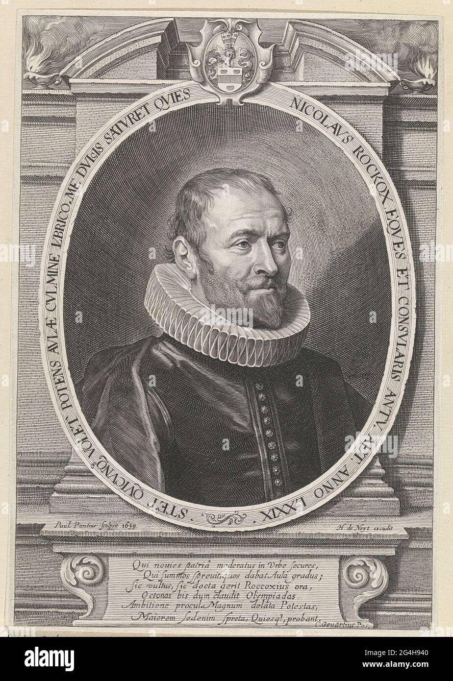 . Porträt von Nicolaas Rockox Jr., Bürgermeister von Antwerpen, gekrönt mit seinem Wappen. Im Rahmen der Piewasher eine sechs-Zeilen vorhergesagt Position in Latein. Stockfoto