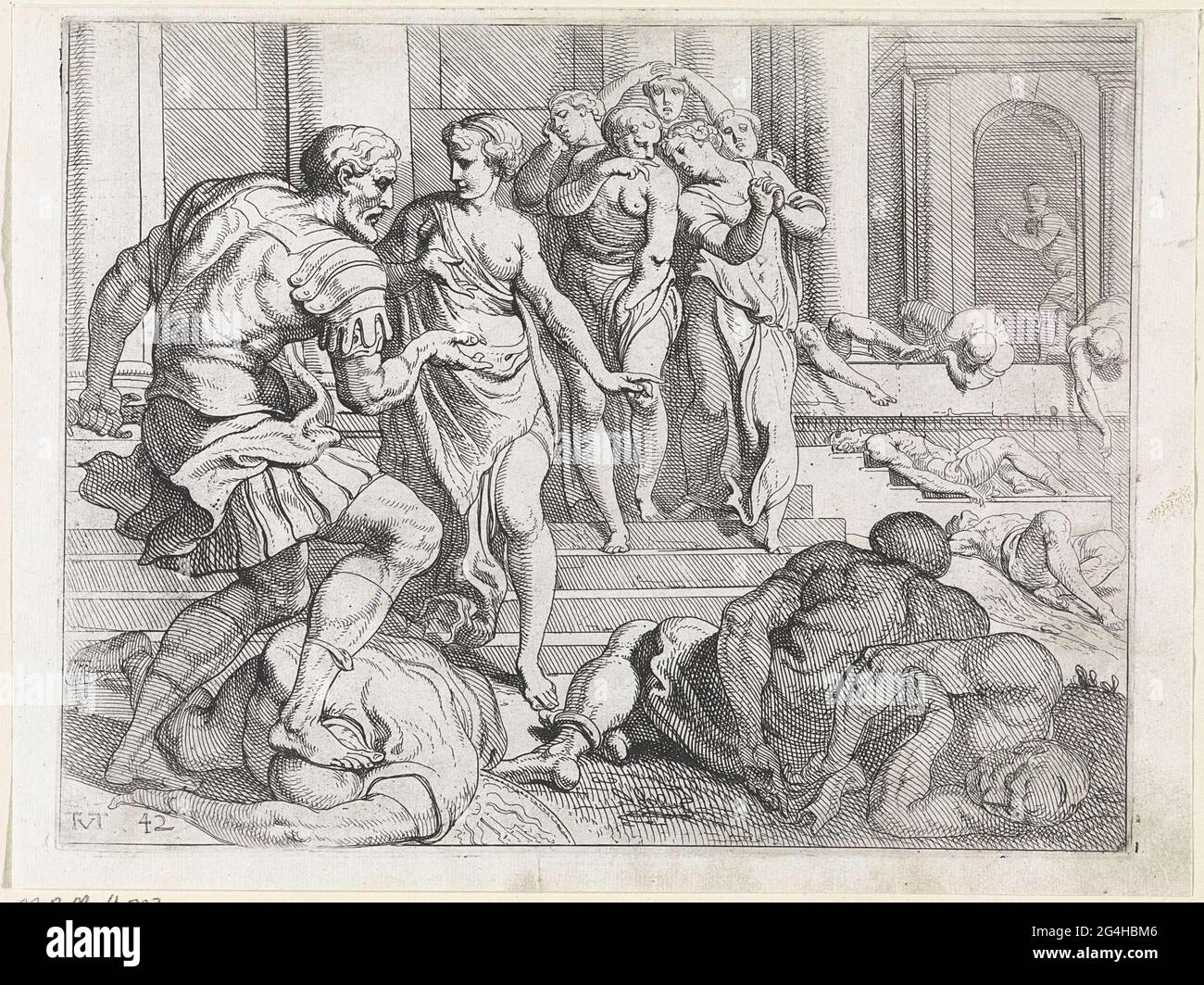 . Odysseus, der den Freecrus aus Penelope tötete, gibt seinem Futterhäuschen Eurykleia den Auftrag, alle untreuen Mitarbeiter von Penelope zusammenzubringen. Stockfoto