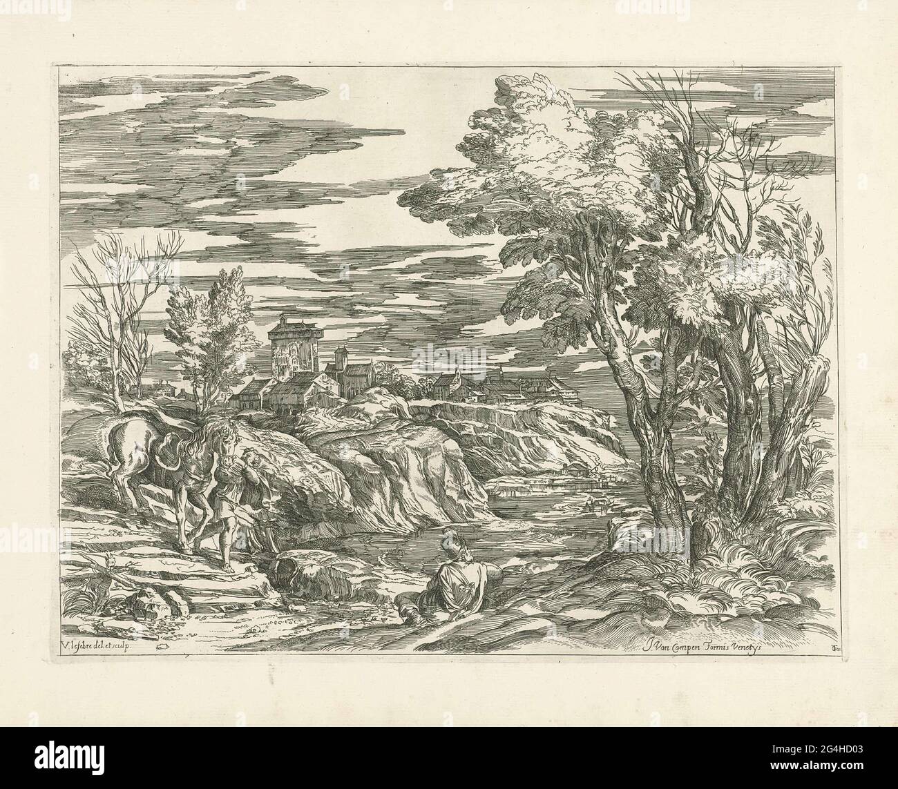 . Flusslandschaft, in der ein junger Mann auf ein Pferd trifft, um zu führen. In der Mitte ist ein Mann am Ufer, in der Ferne sind Häuser. Der Druck ist Teil einer 53-teiligen Serie von Drucken zu Gemälden von Tizian und Veronese. Stockfoto