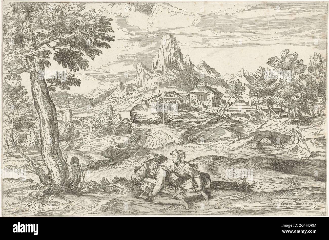 . Bergige Landschaft mit einem bärtigen alten Mann im Vordergrund, der mit einem Drailer Musik macht. Er sieht eine junge Frau an, die ihren Arm um seine Schulter geschlagen hat. In der Ferne fließt ein Bach und liegen Häuser. Der Druck ist Teil einer 53-teiligen Serie von Drucken zu Gemälden von Tizian und Veronese. Stockfoto