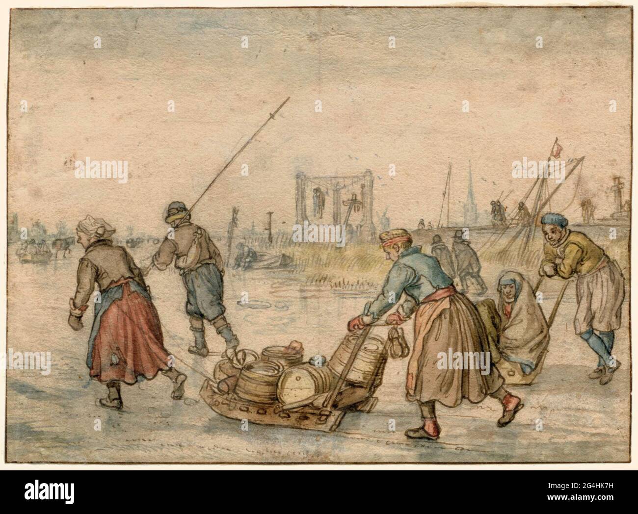 . Zwei Frauen mit einem Schlitten und anderen Figuren auf dem Eis; in der Ferne ein Galgen. Stockfoto