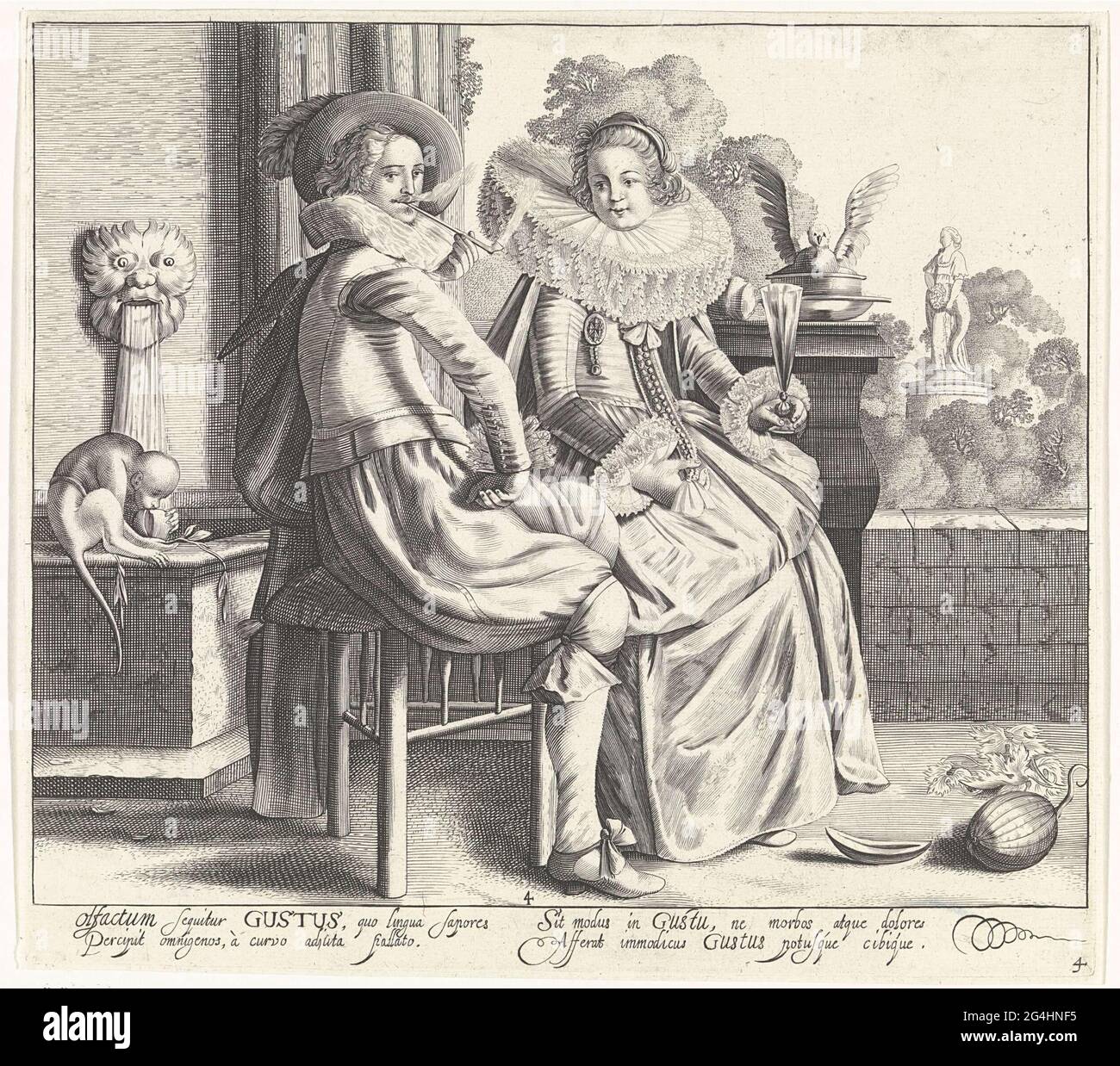 . On a bordes - mit Blick auf einen Garten - ist ein elegantes Paar in Mode gekleidet von etwa 1625 -'30. Die Dame hat ein Glas in der linken Hand und trägt einen Gehrock mit einem sehr breiten Mühlsteinkragen. Vor dem Paar liegt eine Melone auf dem Boden und am Brunnen ist ein Affe, der eine Frucht an seiner Schnauze hält. Unter dem Bild zwei Spalten mit lateinischem Text. Der Druck ist Teil einer Serie mit Drucken über die fünf Sinne. Stockfoto