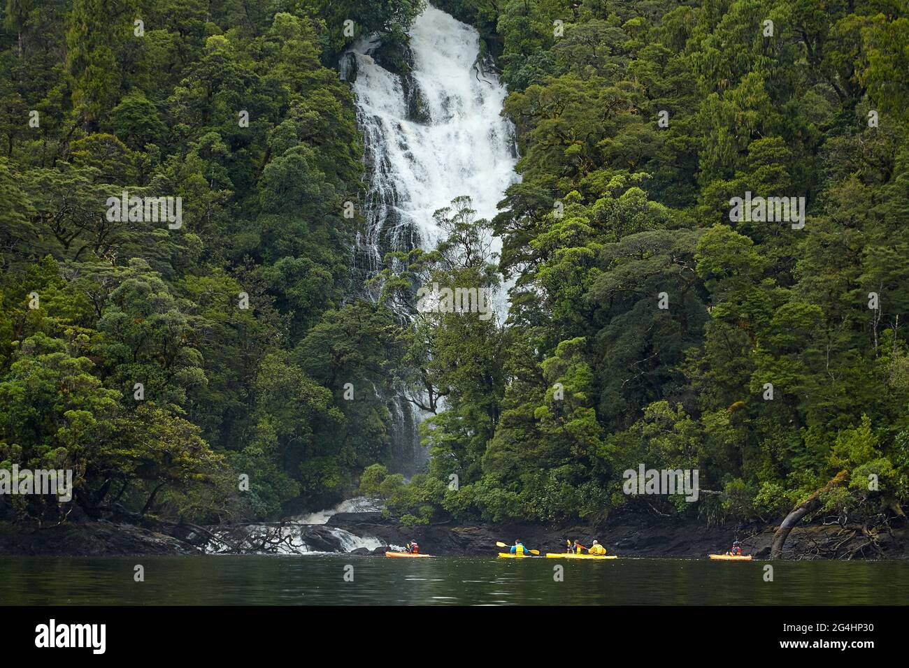 Kajakfahrer und Wasserfall, Doubtful Sound, Fiordland National Park, South Island, Neuseeland Stockfoto