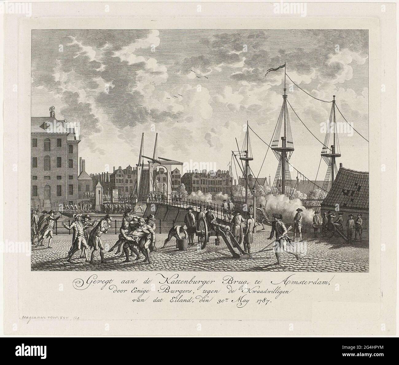 . Die Eroberung der Katzenburger-Brücke zur Insel Kattenburg auf dem rebellischen Orangen-zims durch die bewaffneten Amsterdamer Bürger, 30. Mai 1787. Linker Teil des Land Sea Magazins. Unten rechts befindet sich eine von einem Cache überdeckte Beschriftung. Stockfoto
