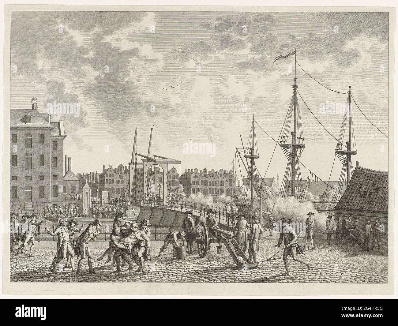 . Die Eroberung der Katzenburger-Brücke zur Insel Kattenburg auf dem rebellischen Orangen-zims durch die bewaffneten Amsterdamer Bürger, 30. Mai 1787. Linker Teil des Land Sea Magazins. Stockfoto