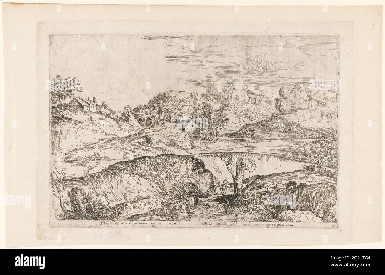 Landschaft mit zwei Pilgern; Anachorite Animum Mundana negotia Turbant, / Hinc Repetit, Subito Unde Venit, Tuguri Invia Tecta; Landschaften zu Domenico Campagnola. Hügelige Landschaft mit einem Dorf auf der linken Seite. Im Vordergrund rechts zwei Pilger. Titel in lateinischer Sprache in Undermarge. Stockfoto