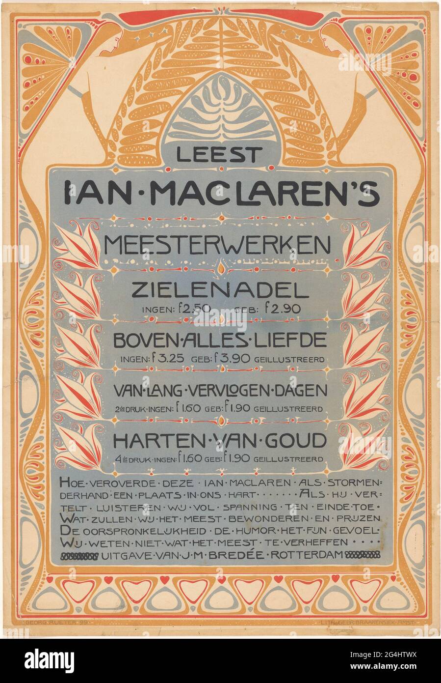 Plakat für Werke von Ian Maclaren, herausgegeben von J.M. Bredée in Rotterdam. Ornamentaler Bilderrahmen mit zwei stilisierten Frauen oben. Stockfoto