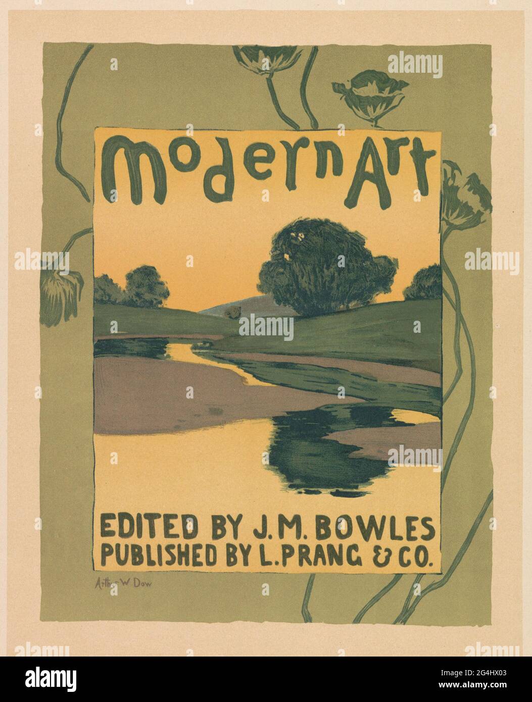 Werbung für das Magazin Modern Art; Les maîtres de l'Poster. Landschaft mit einem Baum, der sich im Wasser widerspiegelt. Stockfoto