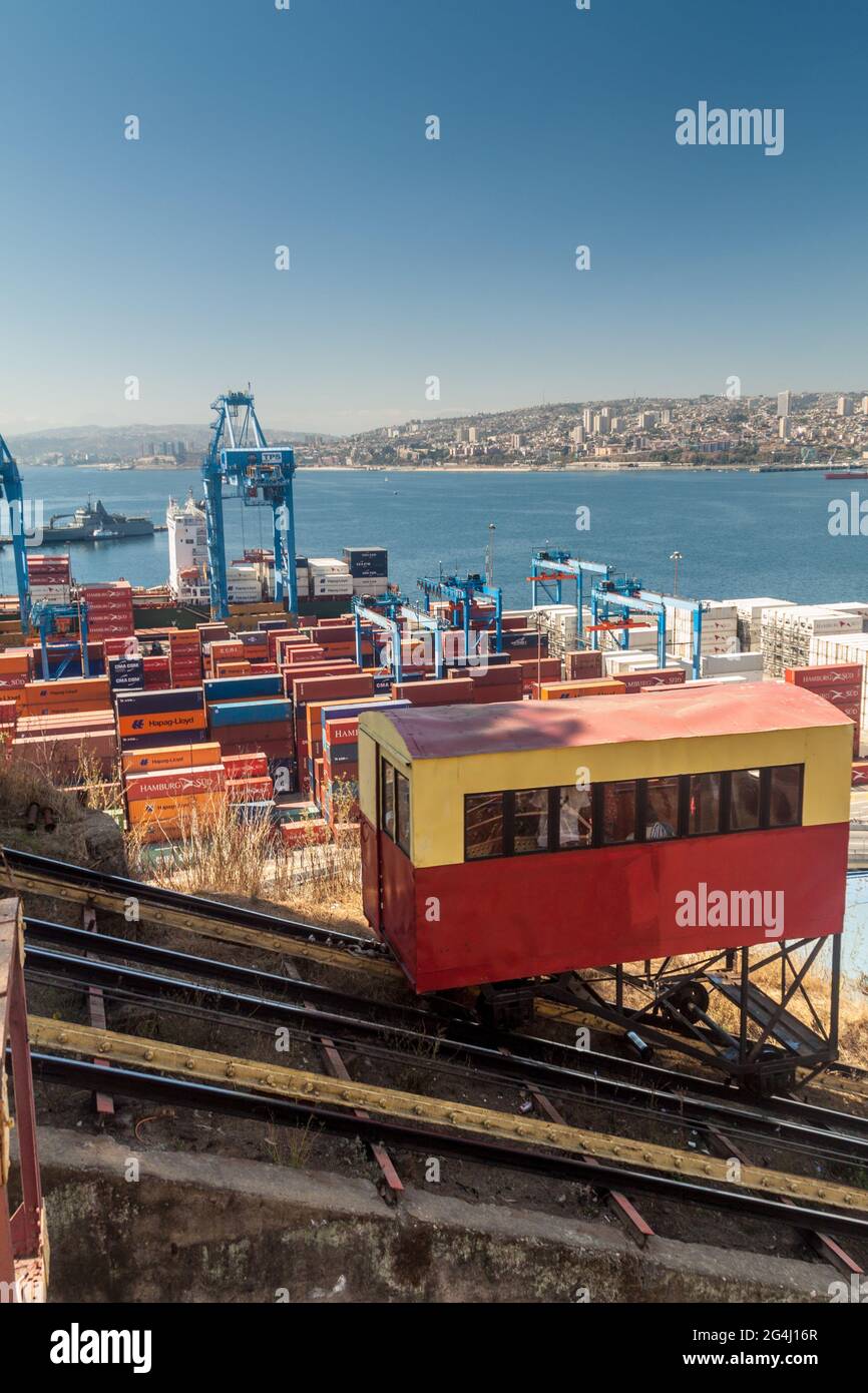 VALPARAISO, CHILE - 29. MÄRZ 2015: Personenbeförderung der Standseilbahn in Valparaiso, Chile. Stockfoto