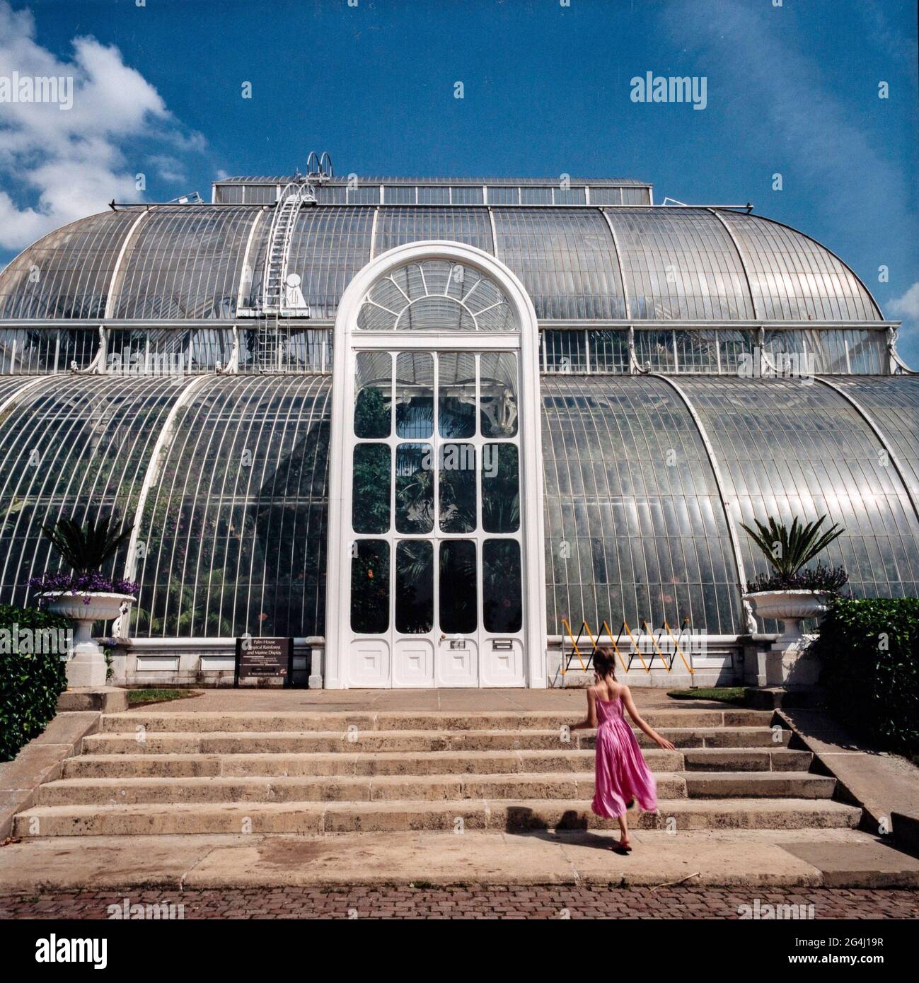 Ein junges Mädchen in rosa Kleid, das zum Plalm House in den Royal Botanic Gardens, Kew, London, England, läuft Stockfoto