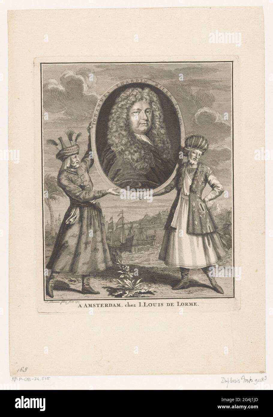Porträt von Johannes Chardin Miles, getragen von zwei Männern in orientalischer Tracht. . Stockfoto