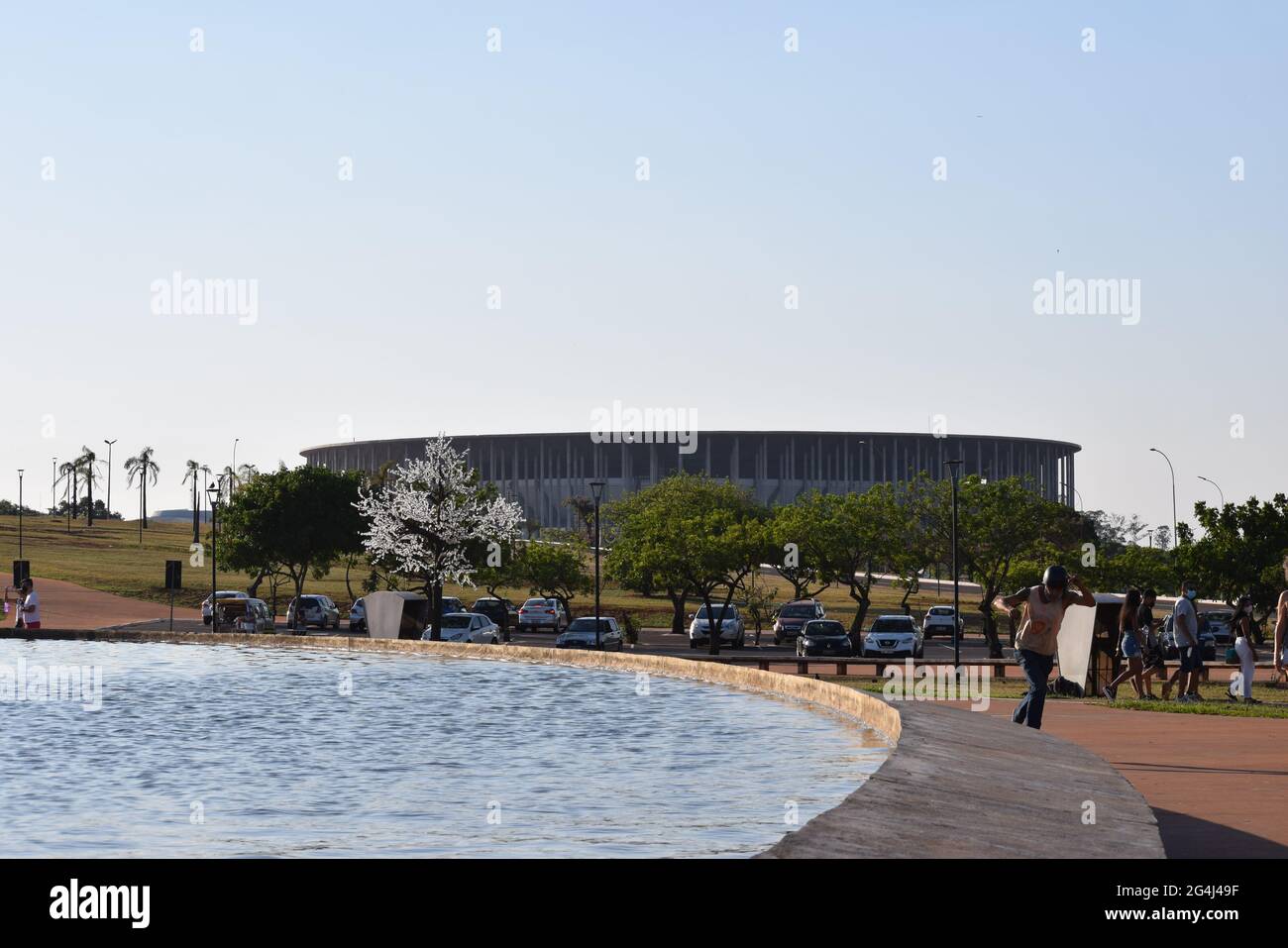 fonte de Água e estádio de Futebol Stockfoto