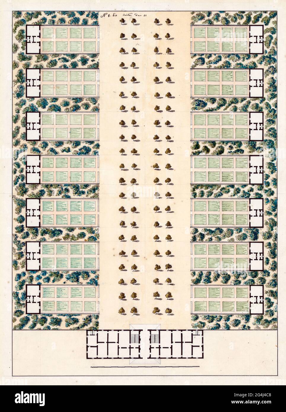 Jagdschloss mit Pavillons. Lageplan - Aquarelldarstellung, die der Schule von Turin zugeschrieben wird, zeigt den Lageplan für ein Jagdschloss oder eine Burg mit 14 Pavillons, die jeweils einen ummauerten Garten haben, um 1700 Stockfoto